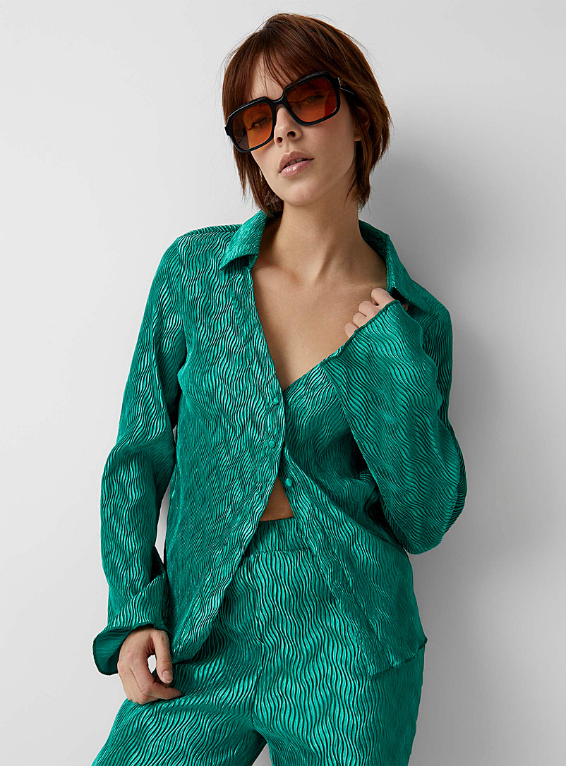 Twik Lime Green Wavy pleats glossy shirt for women