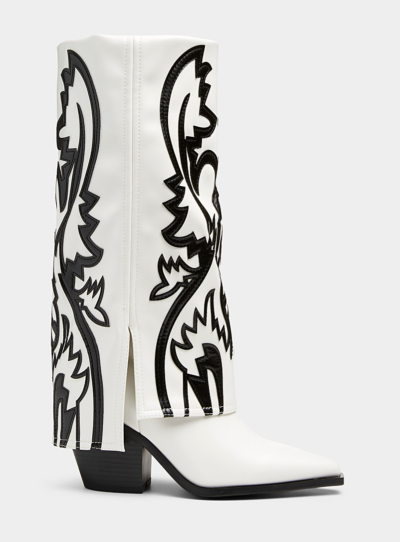 Simons Patterned White Contrasting pattern cuffed Western boots Women for women