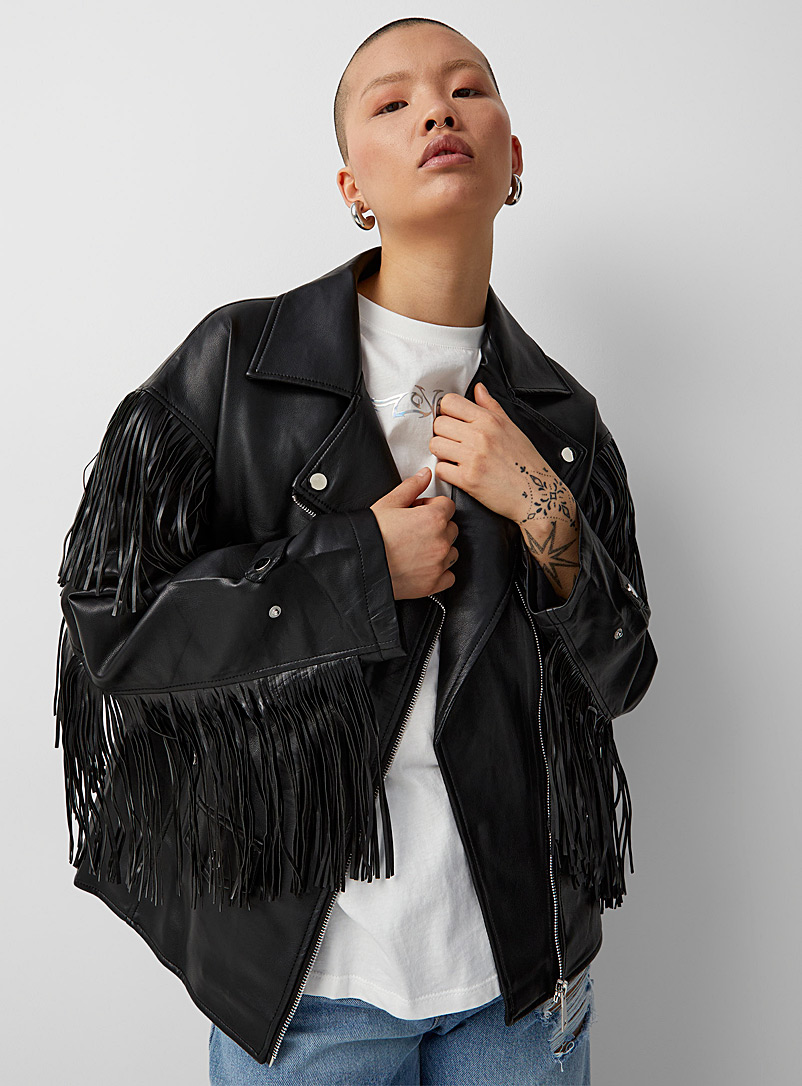 Twik Black Fringes faux-leather biker jacket for women