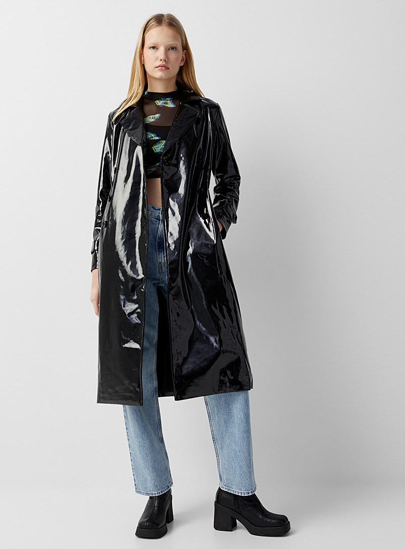 Twik Black Lacquered vinyl long trench coat for women