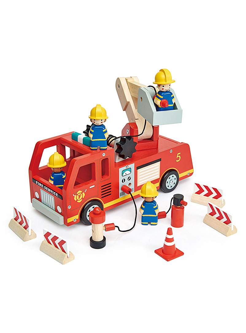 Tender Leaf Toys: Le camion de pompiers et ses accessoires en bois Ensemble de 14 pièces Assorti