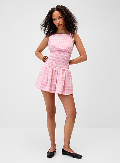 Pretty Garbage Pink Checkered smocked band mini-dress for women