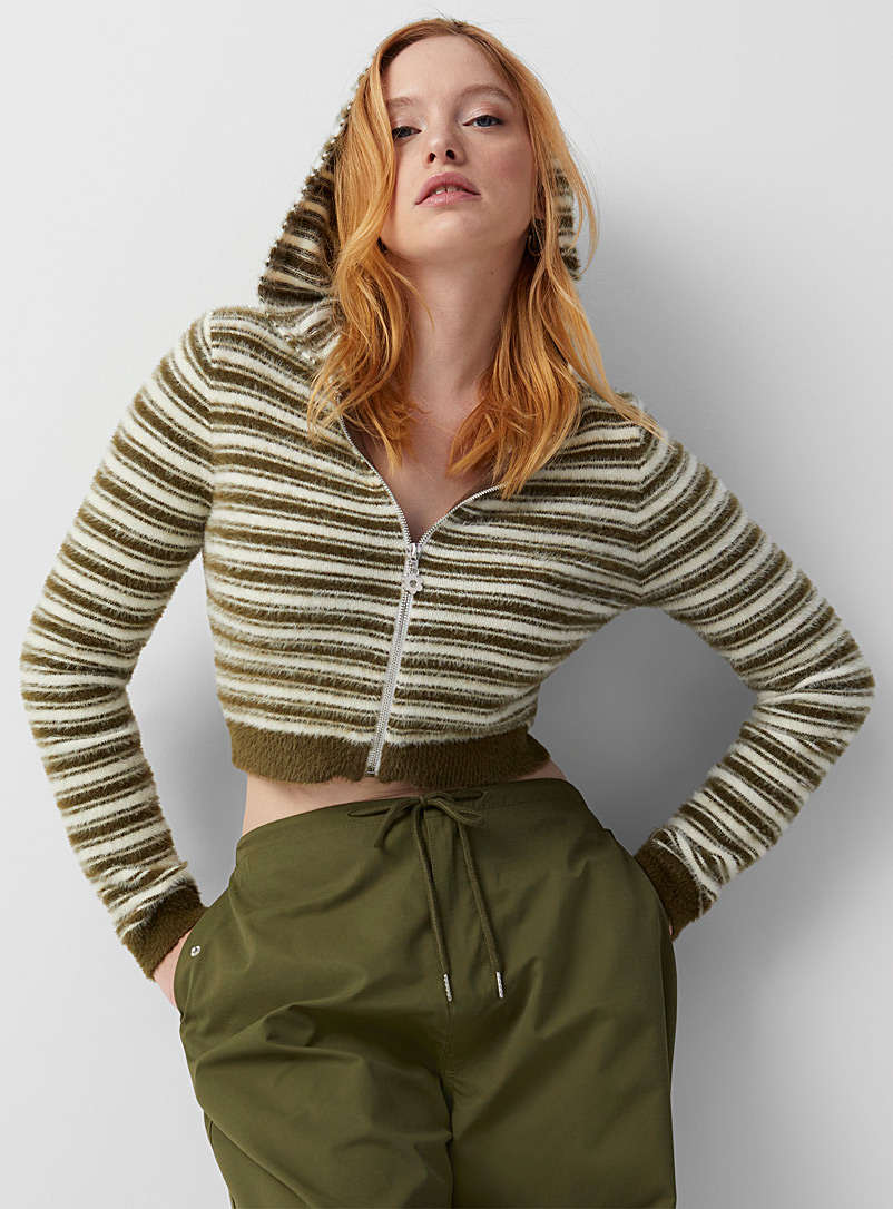 Twik Patterned Green Chenille knit striped zippered cardigan for women