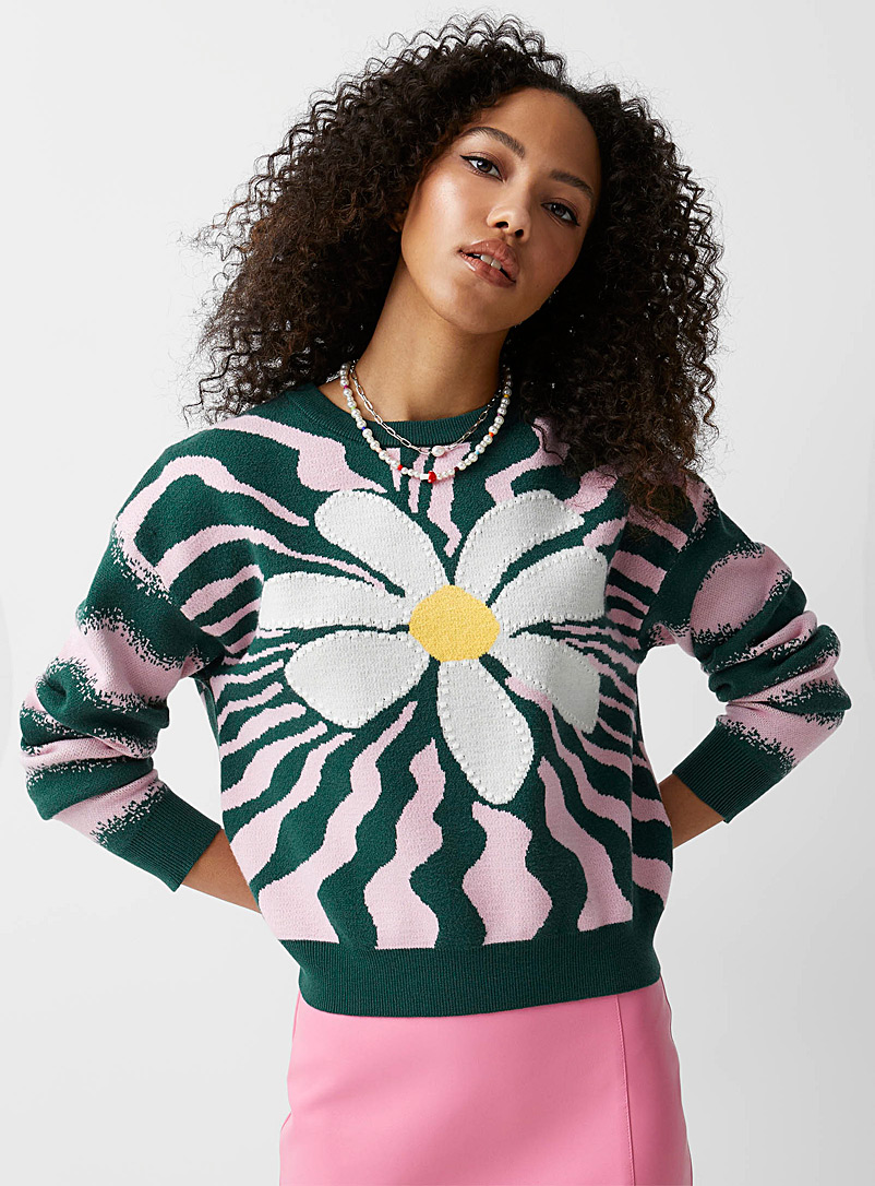 Twik Patterned Green Swirl and daisy sweater for women