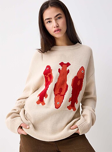 Pretty Garbage: Le chandail jacquard trio sardines Beige &agrave; motifs pour femme