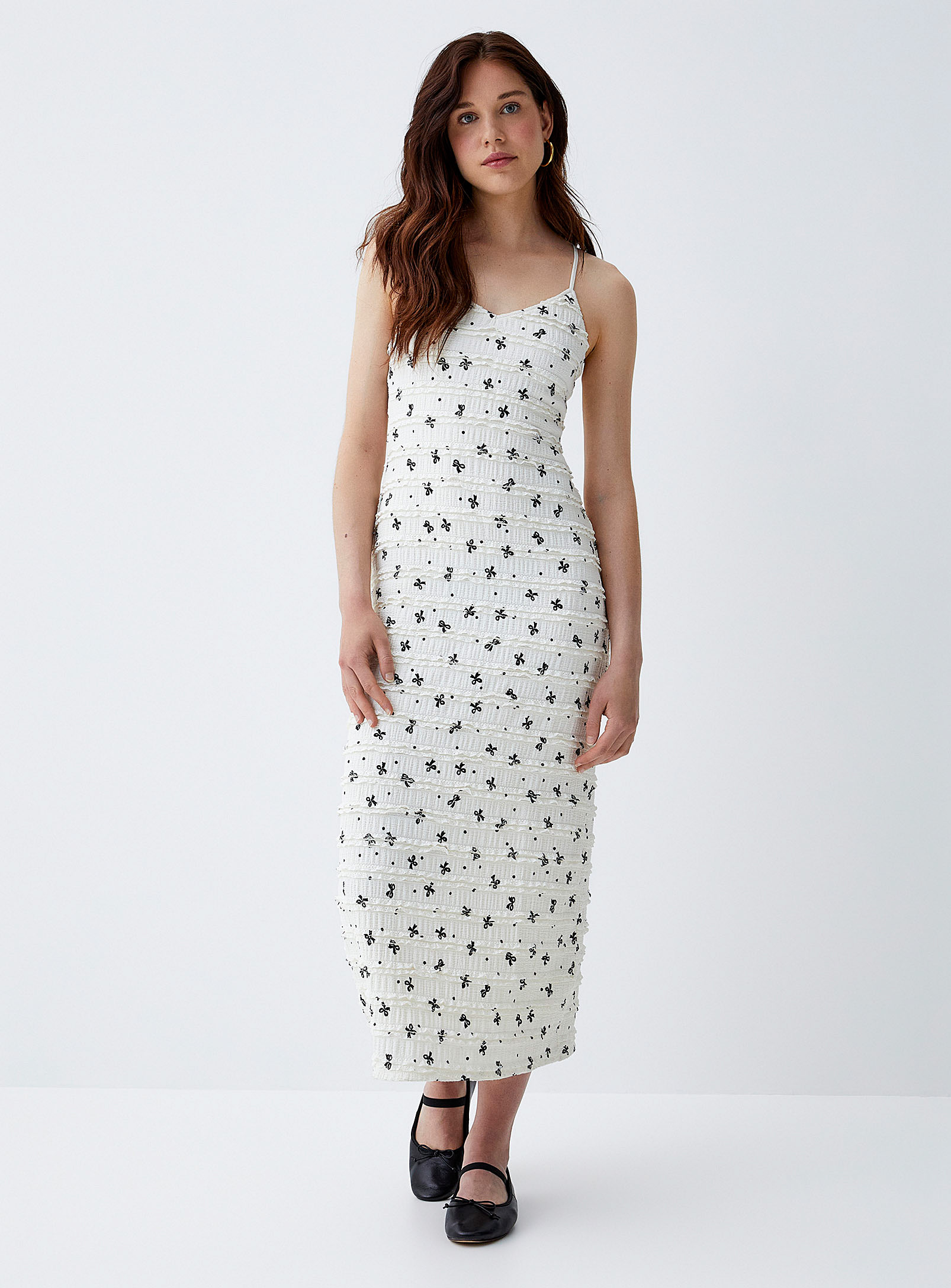 Twik Printed Bows Waffle-texture Dress In Off White
