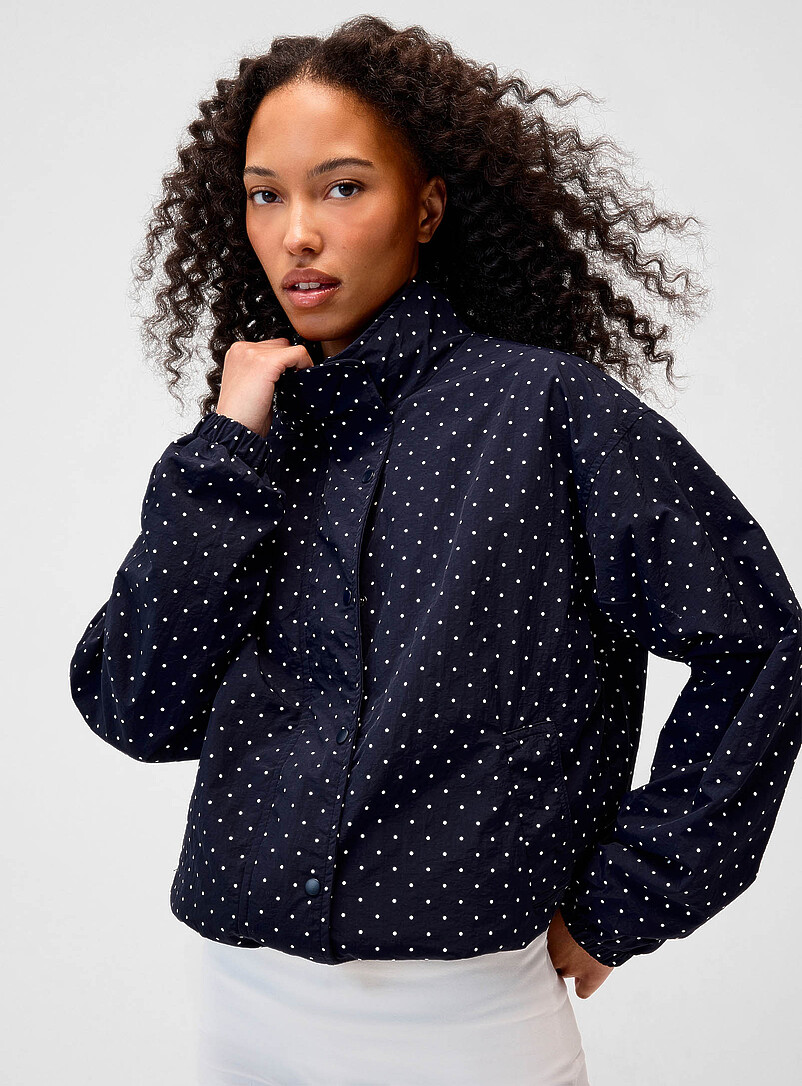 Polka-Dotted Mock Neck Crisp Canvas Jacket