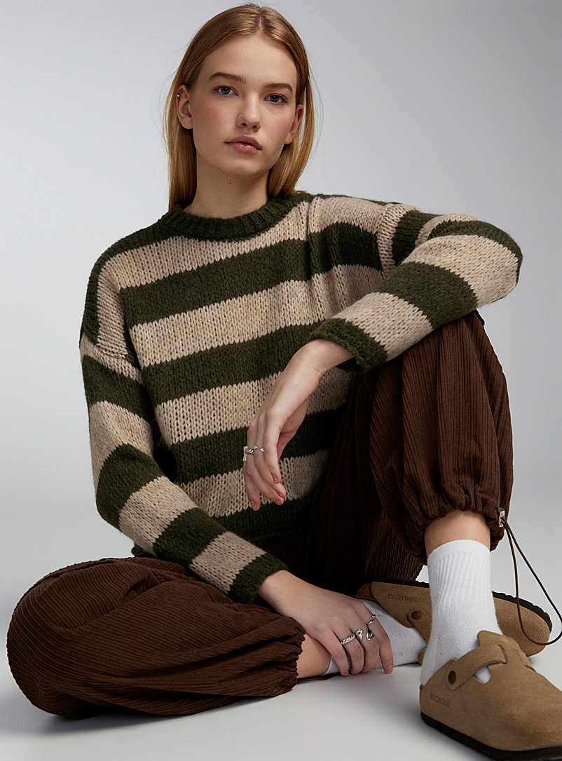 Twik Patterned Green Double-stripe cropped sweater for women