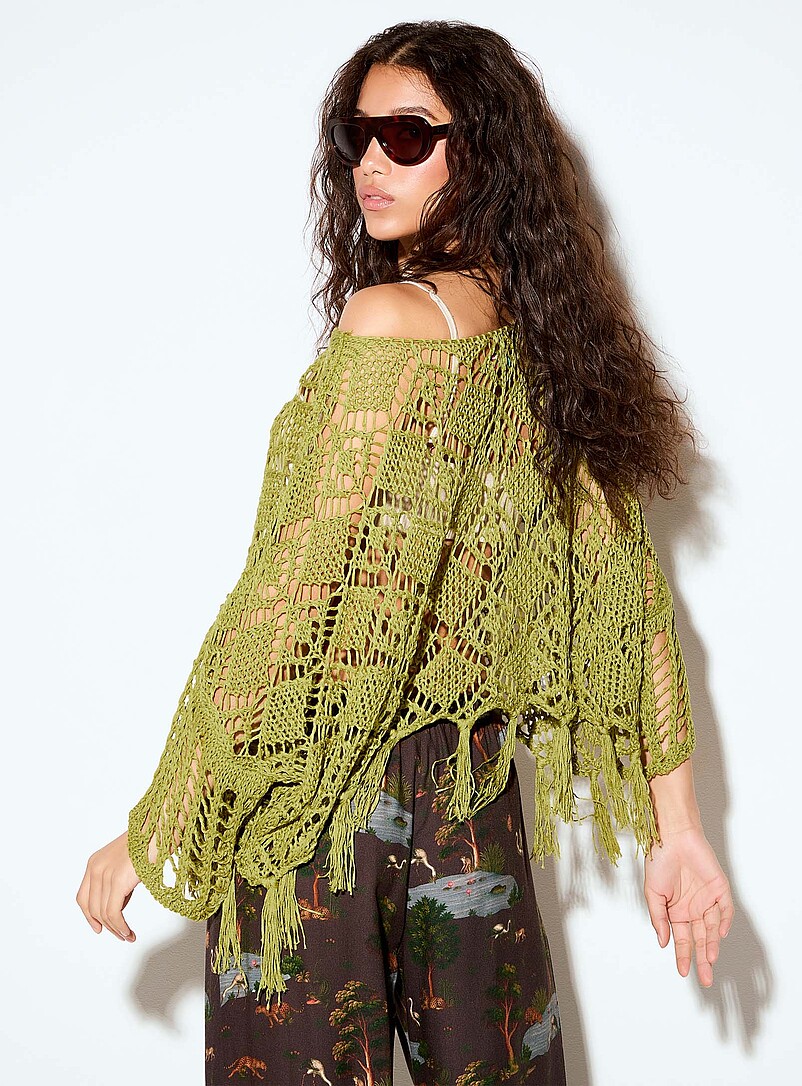 Ic&ocirc;ne: Le poncho crochet&eacute; &agrave; franges Vert pour femme