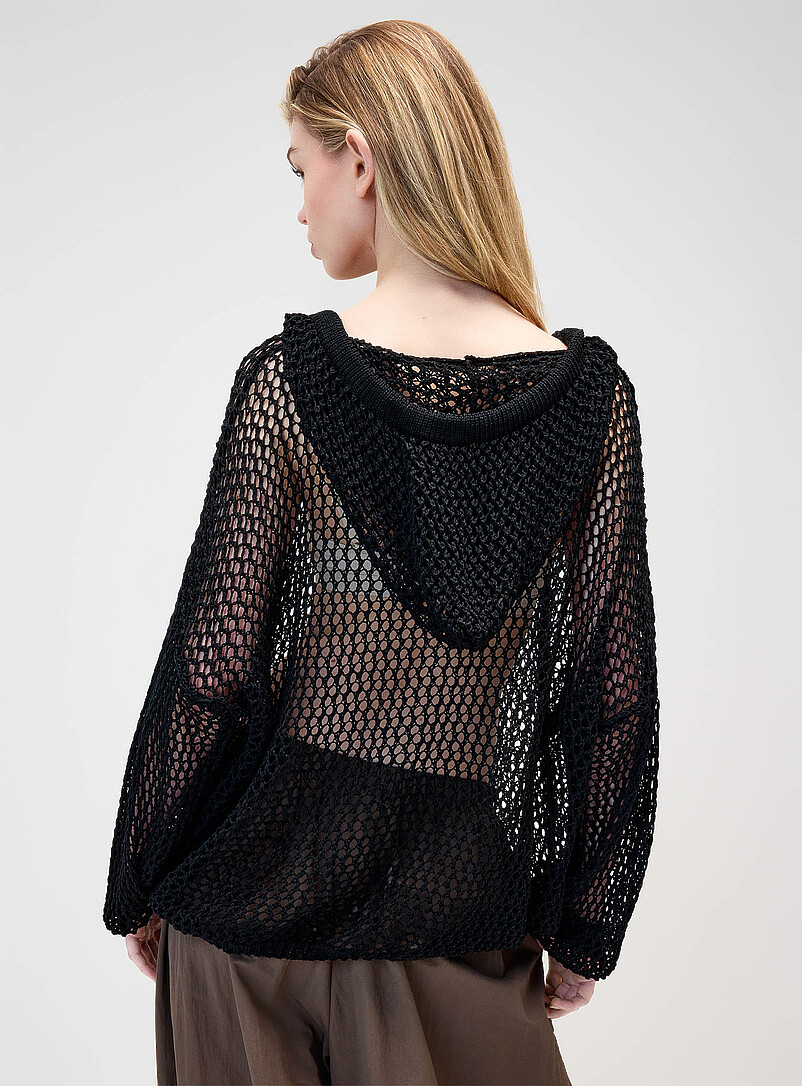 Twik Black Openwork knit hoodie for women
