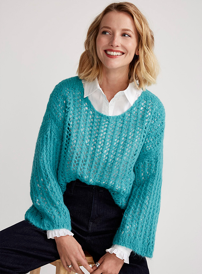 Contemporaine Sapphire Blue Flared-sleeve openwork sweater for women