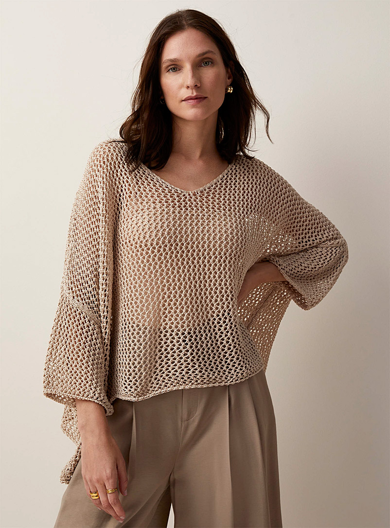 Contemporaine Ecru/Linen Mesh knit poncho sweater for women