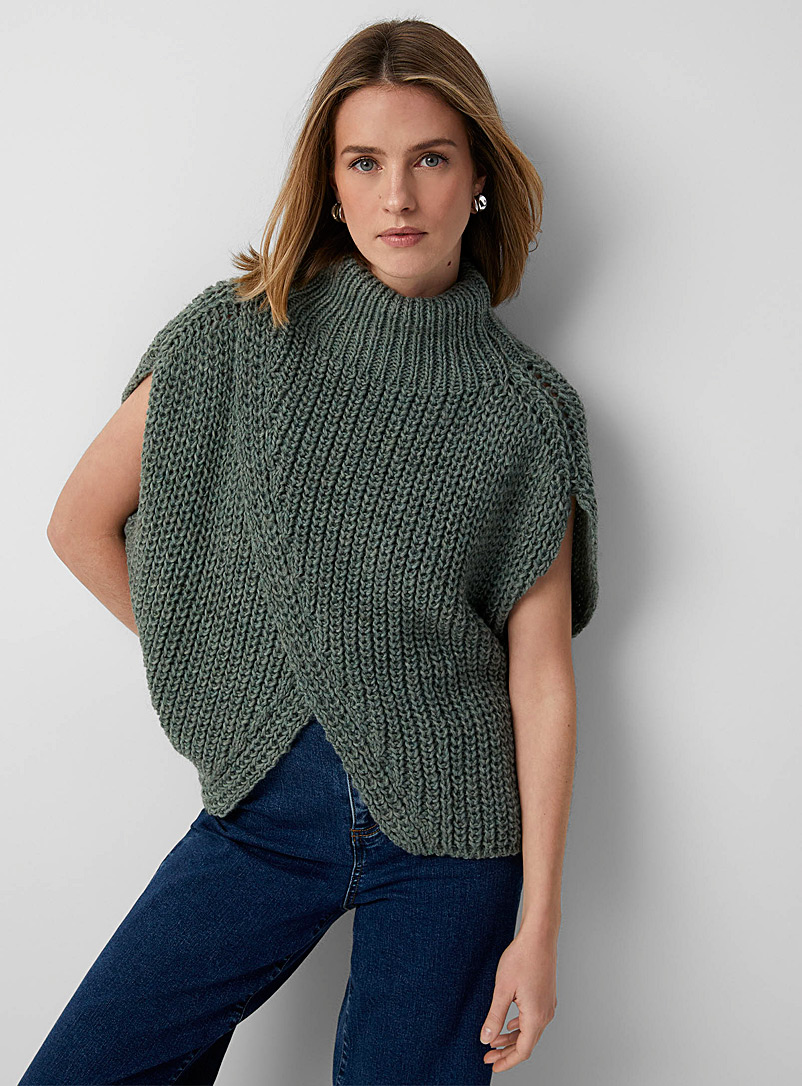 Contemporaine Sage green Shaker-rib crossover sweater for women