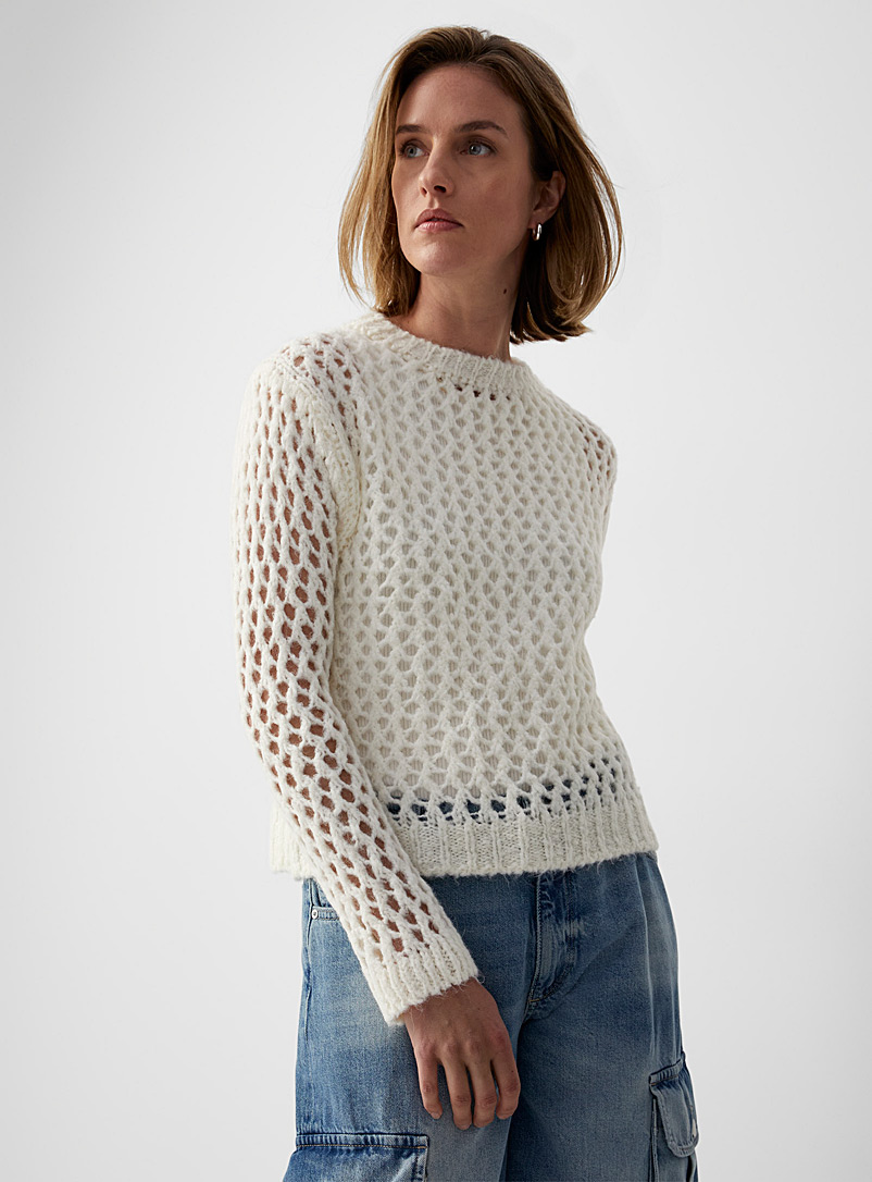 Contemporaine: Le chandail col rond tricot filet Blanc pour femme