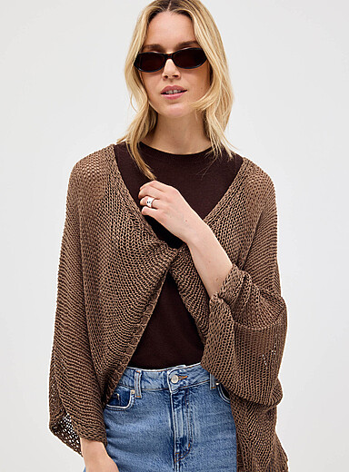 Crossover-neckline crochet-effect open sweater <b>Exclusive collection from Italy</b>