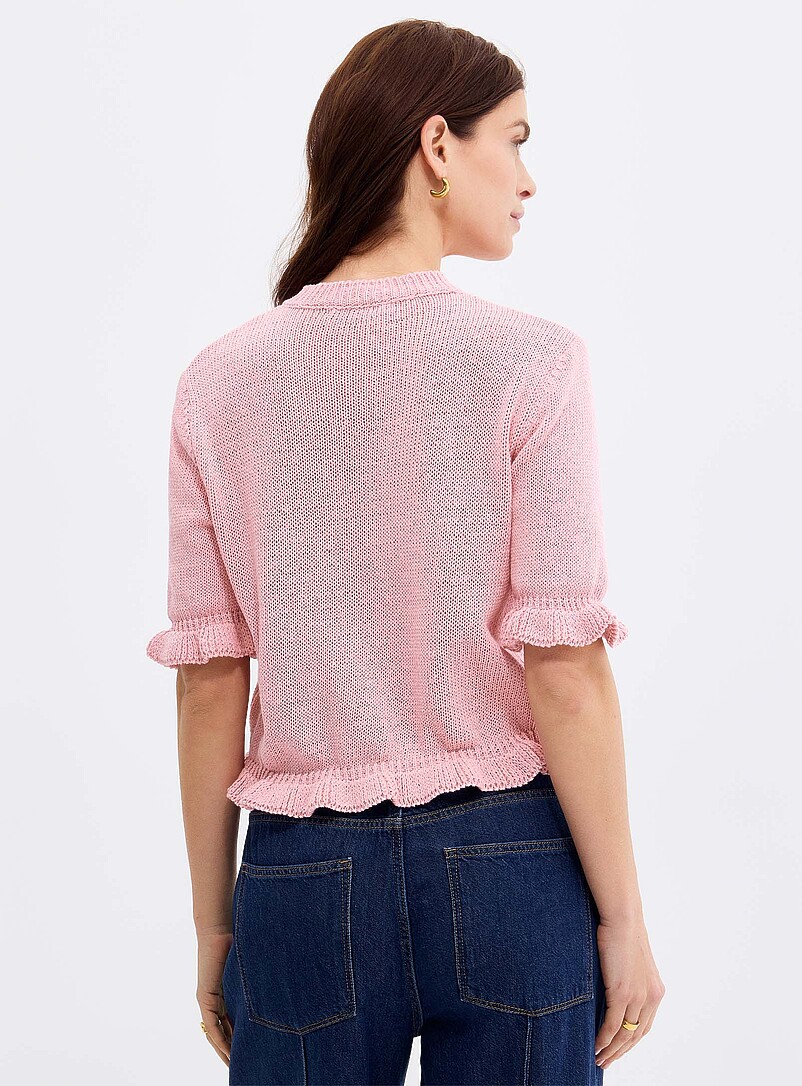 Contemporaine: Le cardigan manches courtes bordures frisons <b>Collection exclusive d'Italie</b> Blanc cass&eacute; pour femme