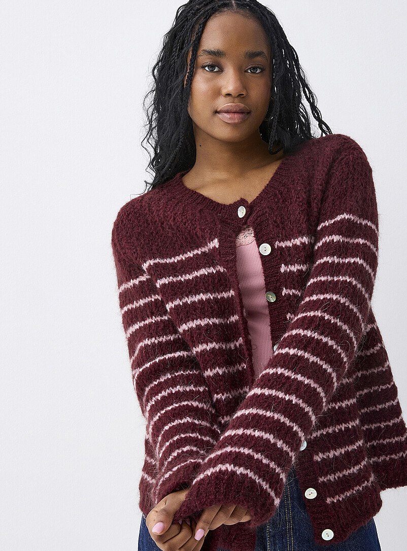 Decker Maroon Striped Button Down Cardigan Sweater