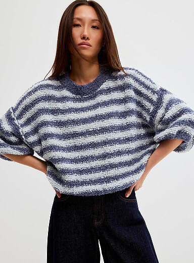 Contemporaine Patterned Blue Striped boucl&eacute; knit blousing cropped sweater <b>Exclusive collection from Italy</b> for women