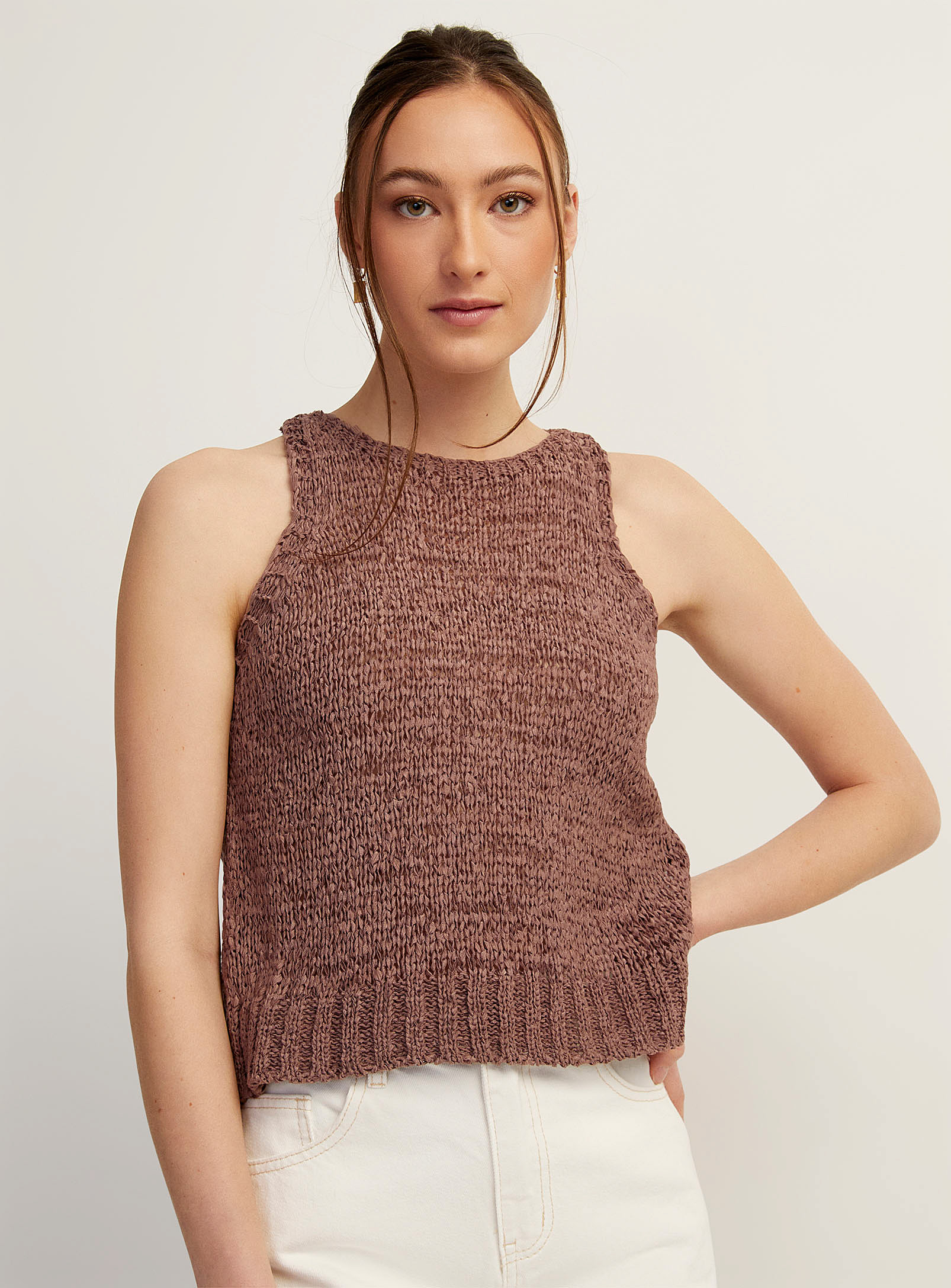 Icone Ribbon Weave Crew-neck Cami In Brown