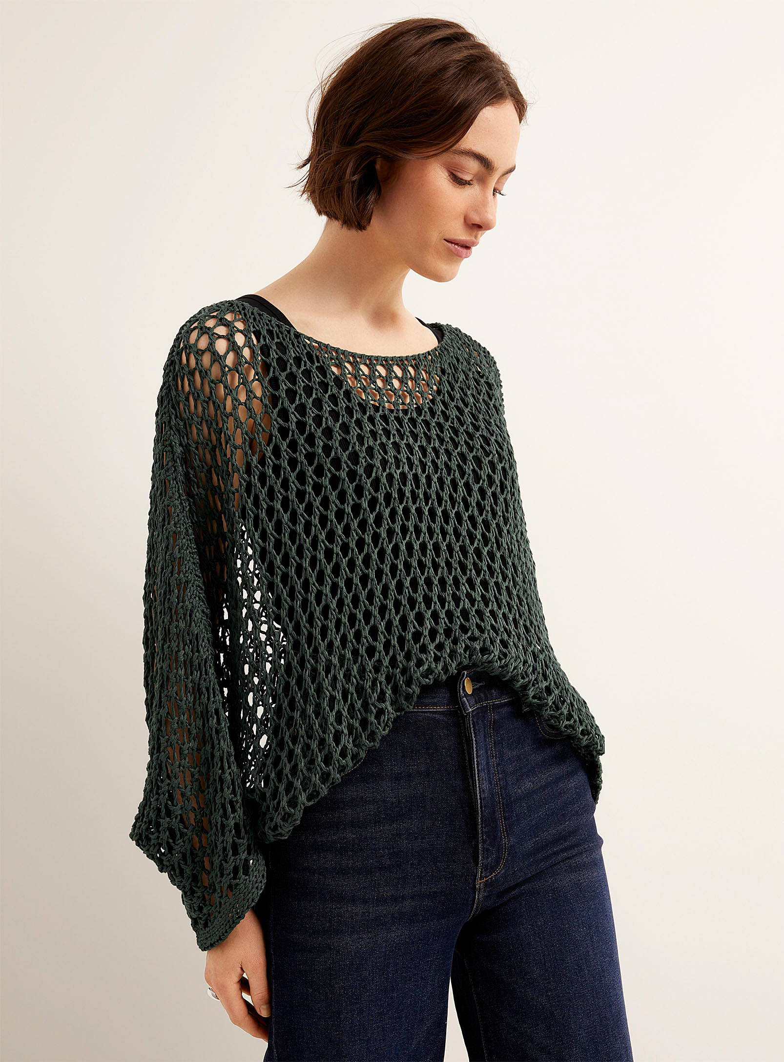 Contemporaine Openwork Crocheted Poncho Sweater In Green