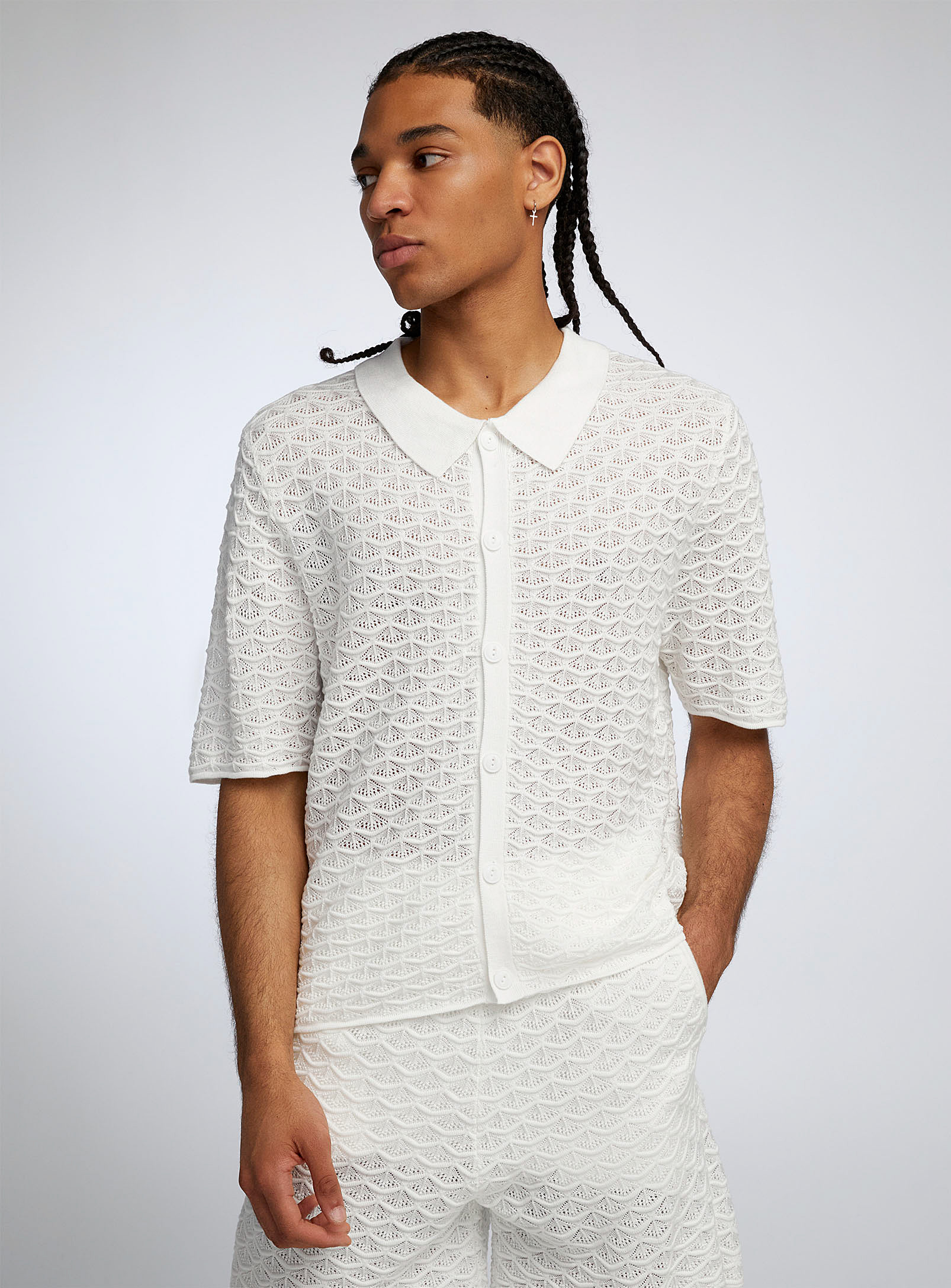 Coney Island Picnic Resort Crochet Knit Camp Shirt In White