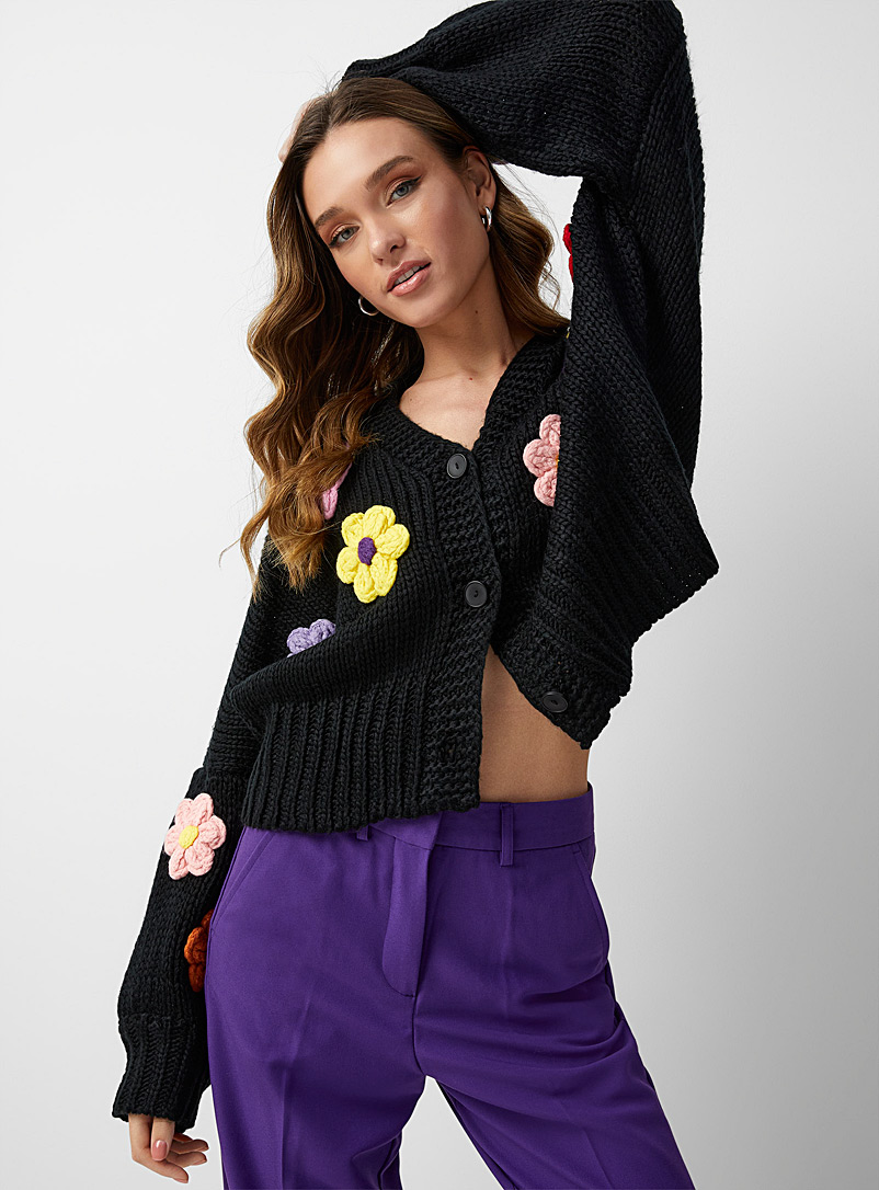 Icône Black Embroidered pop flowers loose cardigan for women