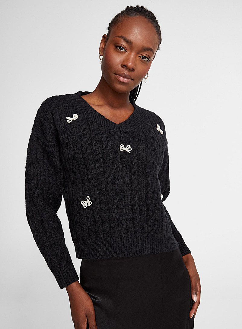 Icône Black Beaded bows cable-knit sweater for women