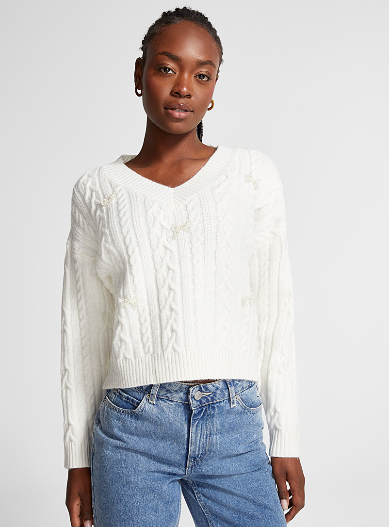 Icône White Beaded bows cable-knit sweater for women