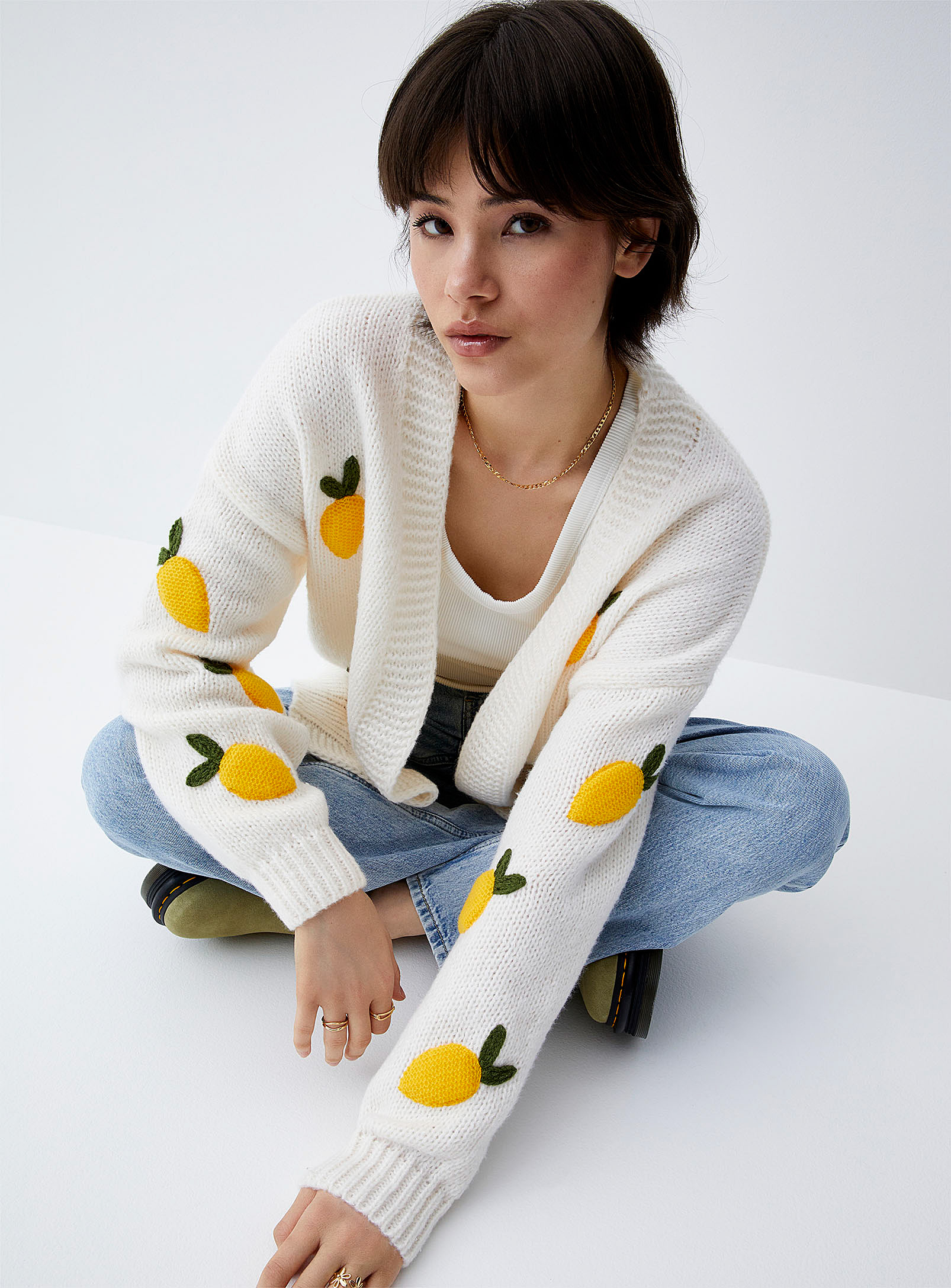 Twik Embroidered Lemons Cardigan In Ivory White
