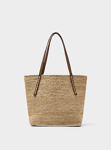 Sac Fourre-tout Panier Avec Appliques Fleurs - Tote Bag Beige Bordure Paille, Occasion, Taille Large