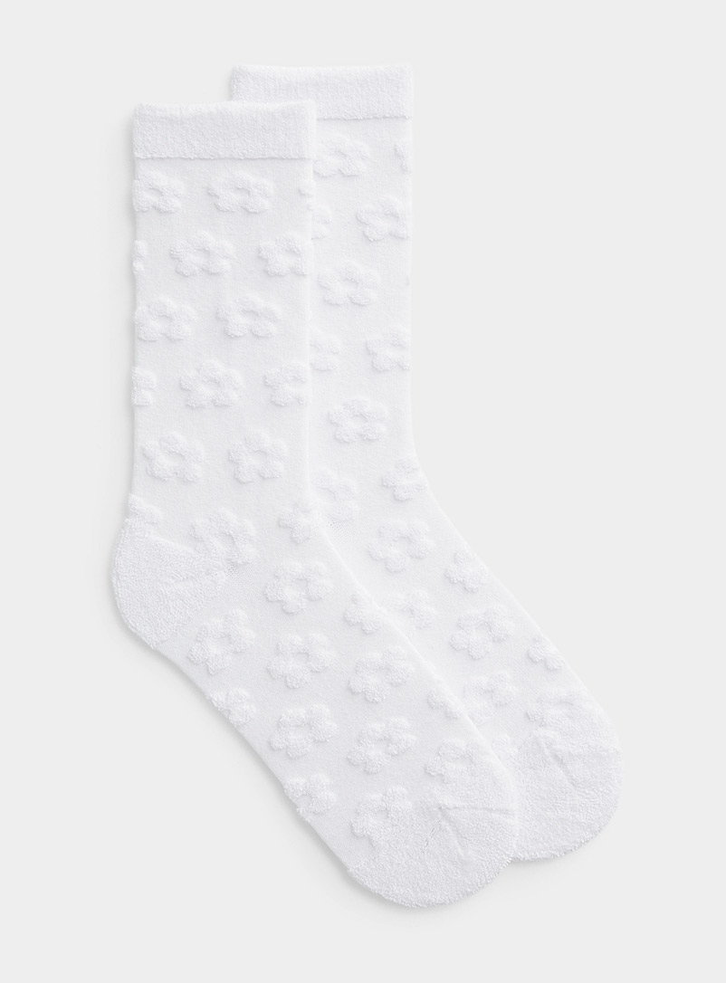 Simons White Embossed flower socks for women