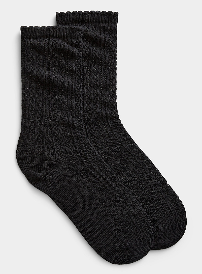 Simons Black Pointelle-knit socks for women