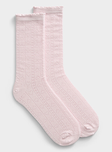 Simons Pink Scalloped edge heart pointelle-knit socks for women