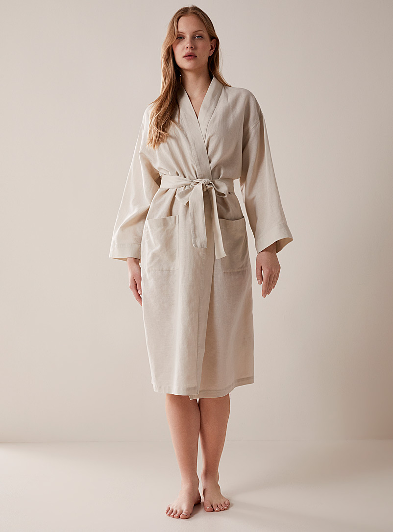 Miiyu Ivory/Cream Beige Plain linen and cotton long robe for women