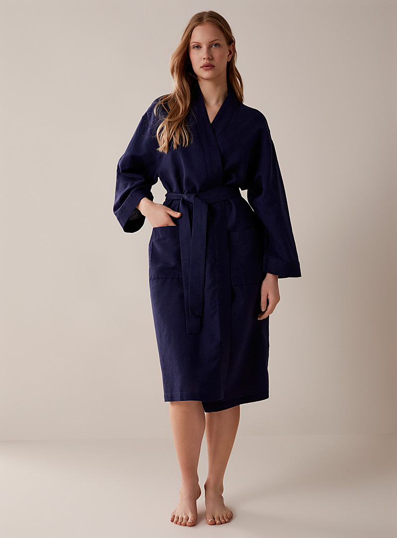 Miiyu Navy/Midnight Blue Plain linen and cotton long robe for women