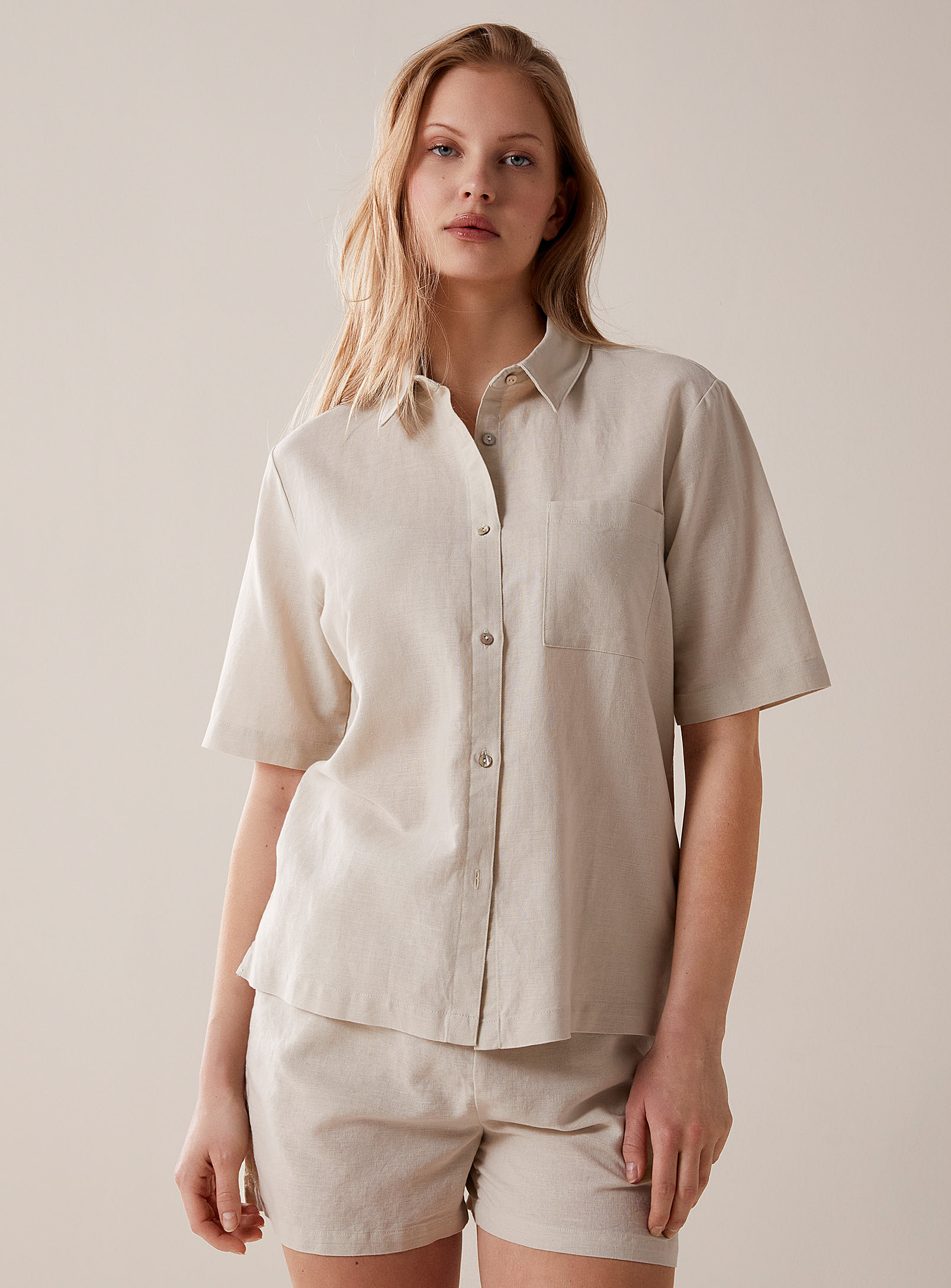 Miiyu Plain Linen And Cotton Lounge Shirt In Ivory/cream Beige