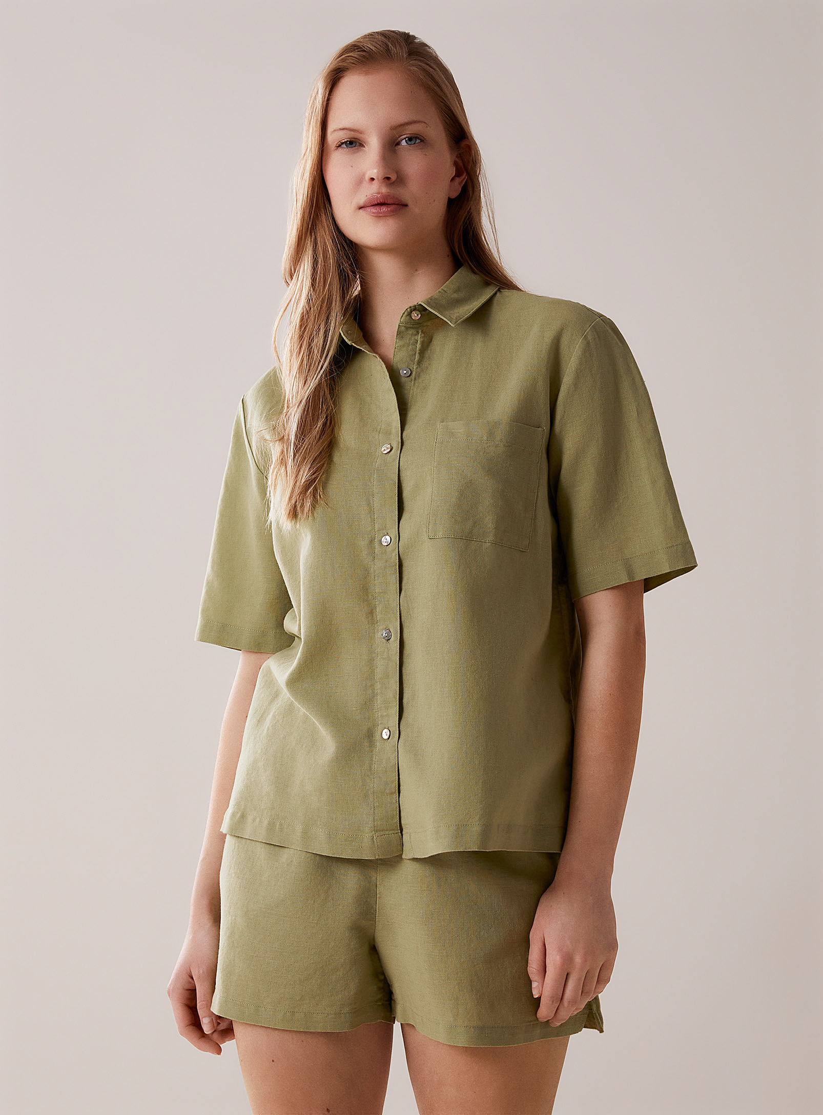 Miiyu Plain Linen And Cotton Lounge Shirt In Green
