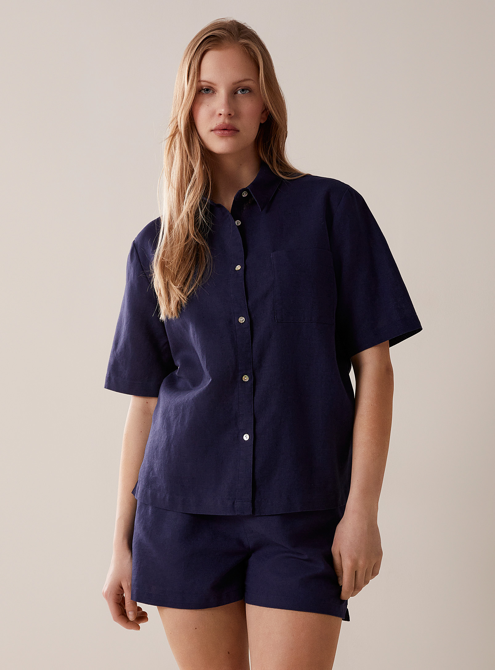 Miiyu Plain Linen And Cotton Lounge Shirt In Navy/midnight Blue