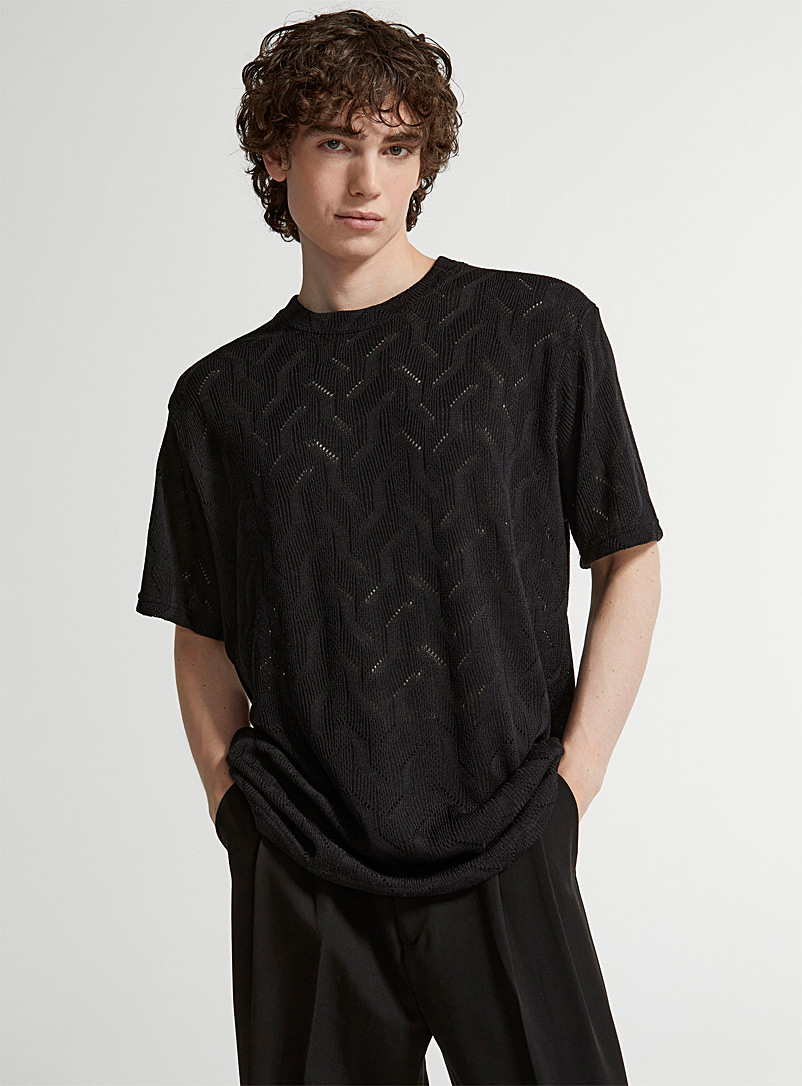 Le 31 Black Geo pointelle knit T-shirt for men