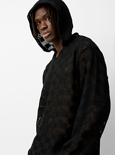 Le 31 Black Openwork check hooded sweater for men