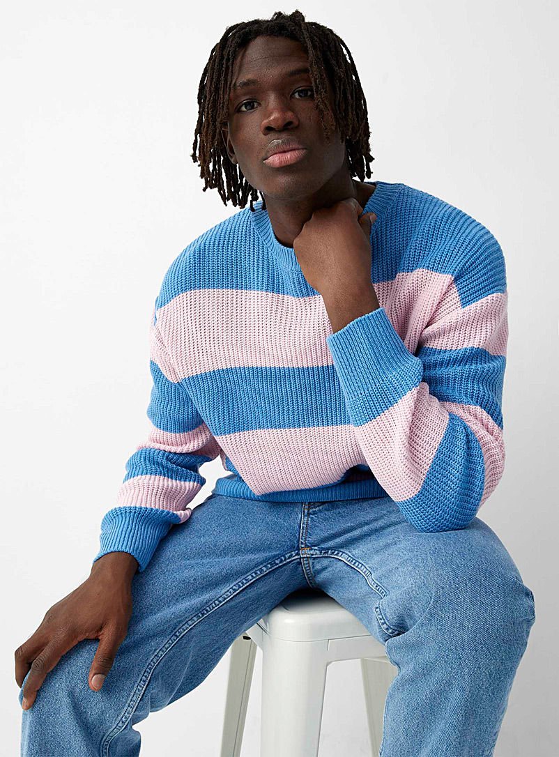 Le 31 Blue Twin-stripe ribbed sweater for men