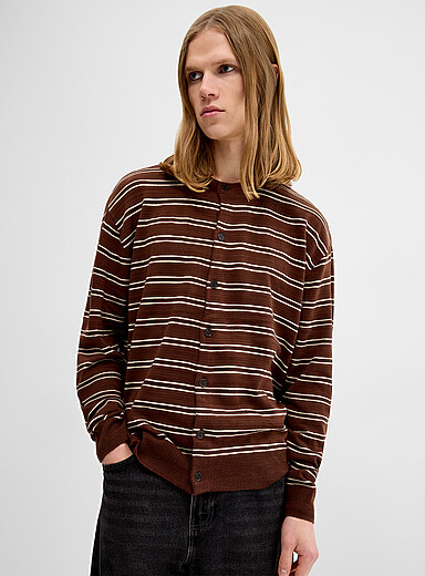 Djab Brown Striped crew neck cardigan for men