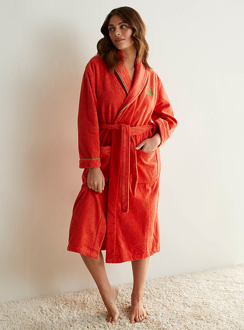 United Colors of Benetton Orange Embroidered logo terry trimmed bathrobe for women