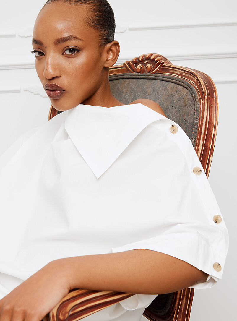 Draped-Point Collar Loose Poplin Blouse