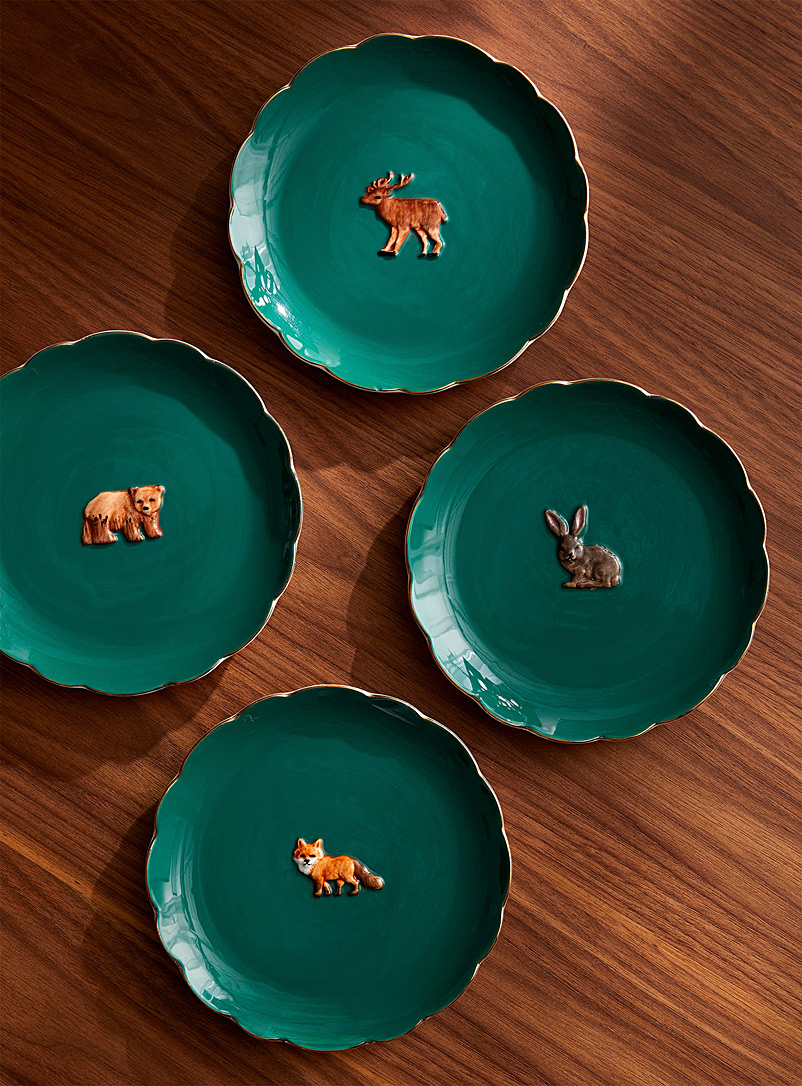 &klevering Patterned Green Woodland animals plates Set of 4