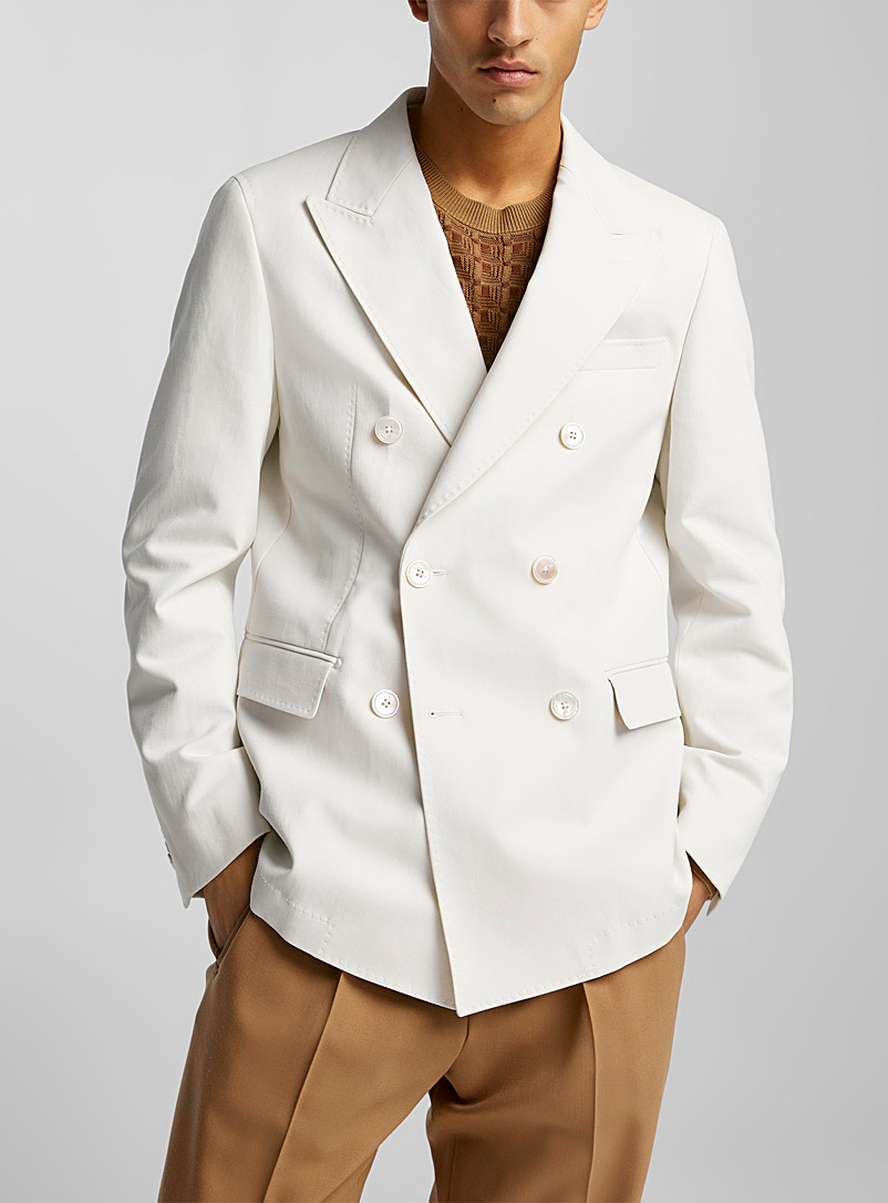 BOSS Ivory White Double-breasted cotton blazer for men