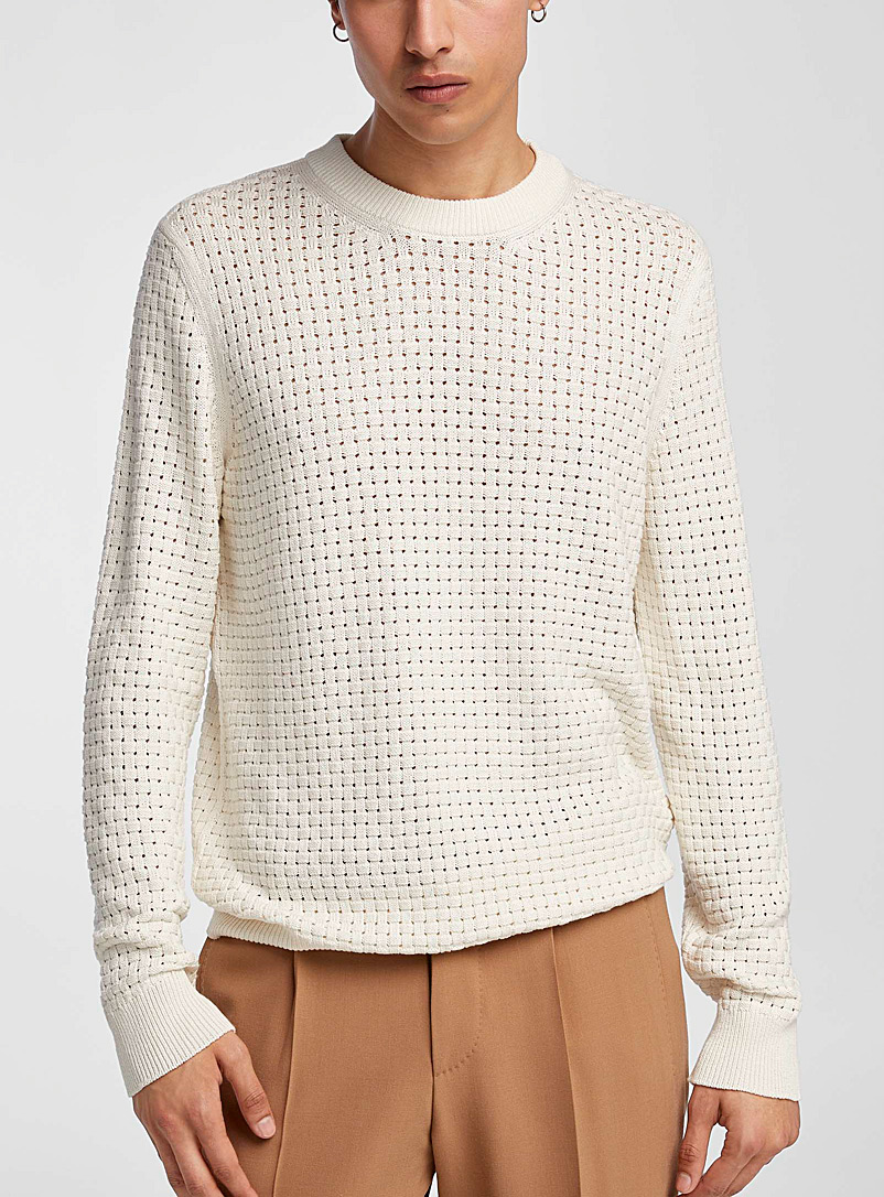 BOSS White Basket-weave knit pure silk sweater for men