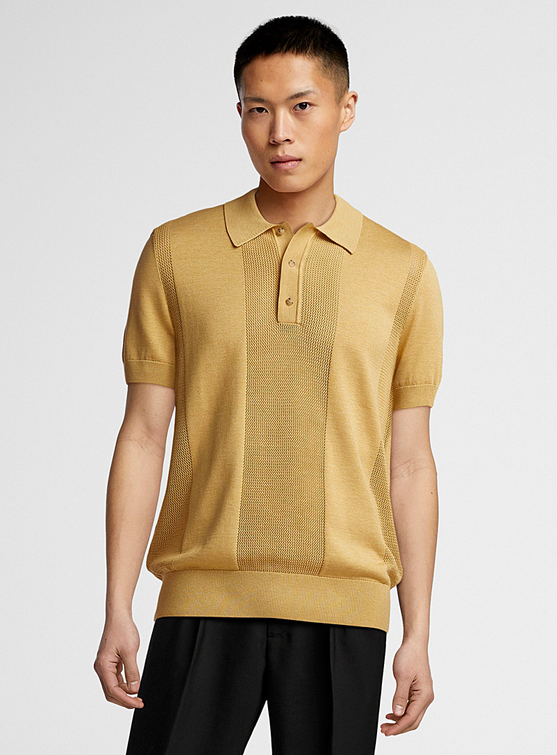 BOSS Sunflower Yellow Openwork knit ochre polo shirt for men