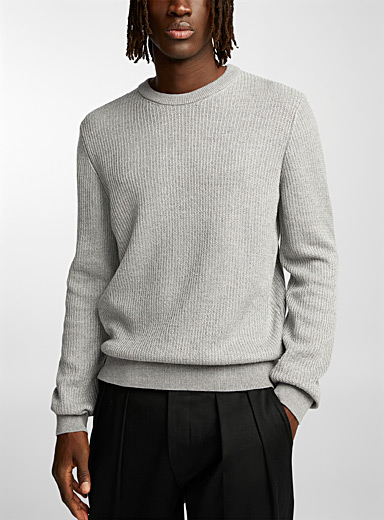 BOSS Grey Wool and silk ribbed sweater for men