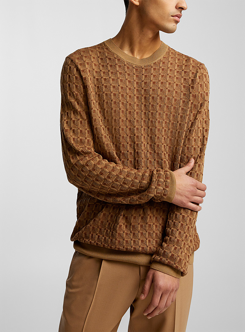 BOSS Ivory/Cream Beige Geometric checkered silky sweater for men
